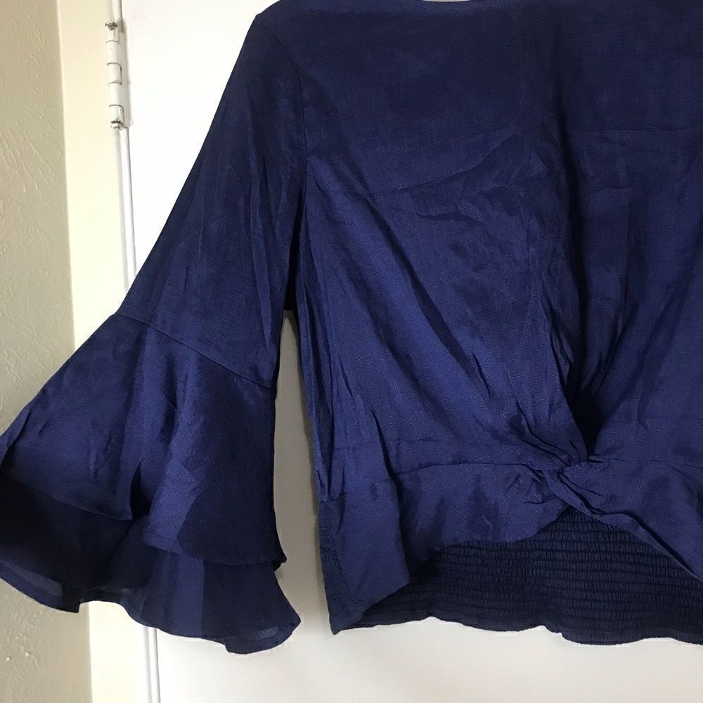 Lulus Auben Navy Blue Knotted Bell Sleeve Crop Top - Picture 7 of 10